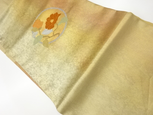 リサイクル　引箔汕頭刺繍丸文に椿模様名古屋帯